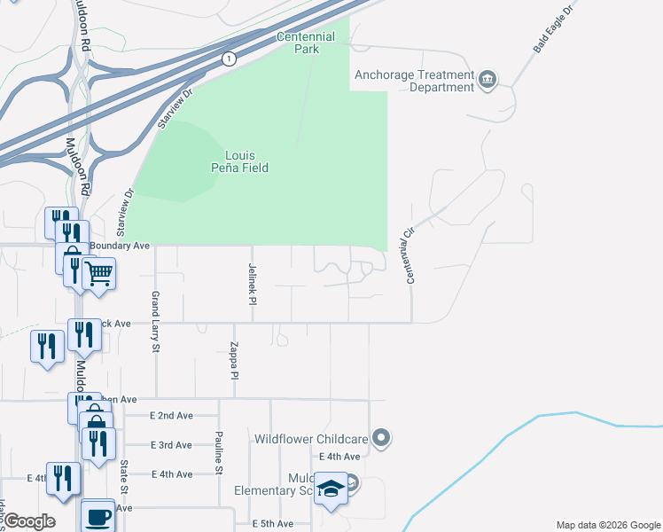 map of restaurants, bars, coffee shops, grocery stores, and more near 8504 Boundary Avenue in Anchorage