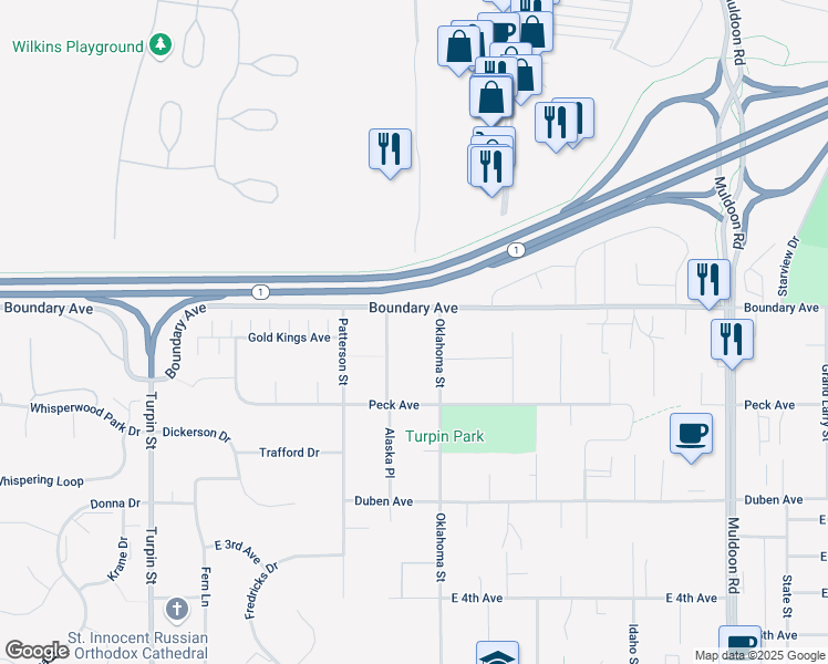 map of restaurants, bars, coffee shops, grocery stores, and more near 120 Oklahoma Street in Anchorage