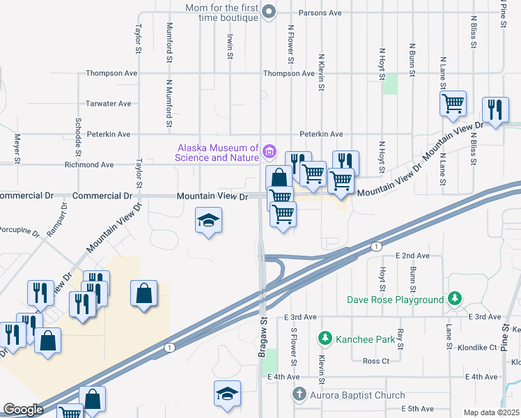 map of restaurants, bars, coffee shops, grocery stores, and more near 120 Bragaw Street in Anchorage