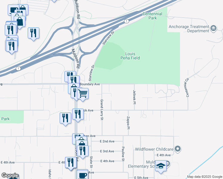 map of restaurants, bars, coffee shops, grocery stores, and more near 8114 Boundary Avenue in Anchorage