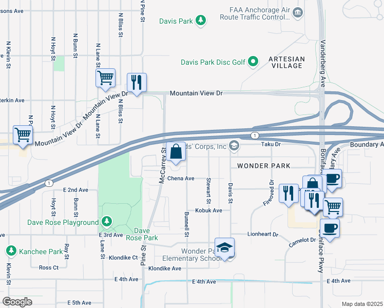 map of restaurants, bars, coffee shops, grocery stores, and more near 101 Bunnell Street in Anchorage