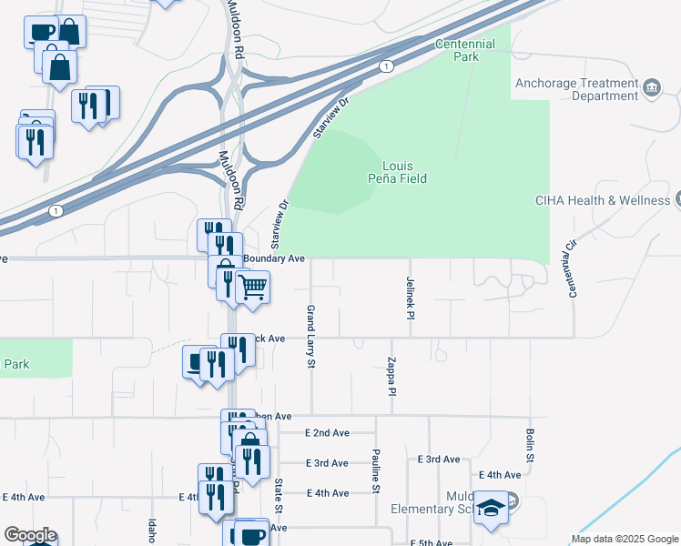 map of restaurants, bars, coffee shops, grocery stores, and more near 8116 Boundary Avenue in Anchorage