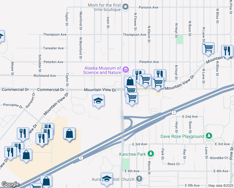 map of restaurants, bars, coffee shops, grocery stores, and more near 120 Bragaw Street in Anchorage