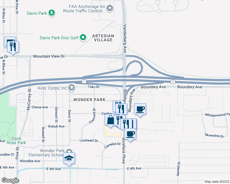 map of restaurants, bars, coffee shops, grocery stores, and more near 5450 Taku Drive in Anchorage
