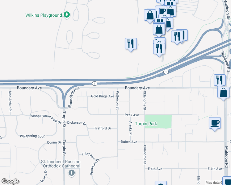 map of restaurants, bars, coffee shops, grocery stores, and more near 7045 Gold Kings Avenue in Anchorage