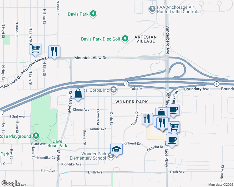 map of restaurants, bars, coffee shops, grocery stores, and more near 101 Davis Street in Anchorage