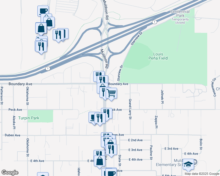 map of restaurants, bars, coffee shops, grocery stores, and more near 111 Muldoon Road in Anchorage