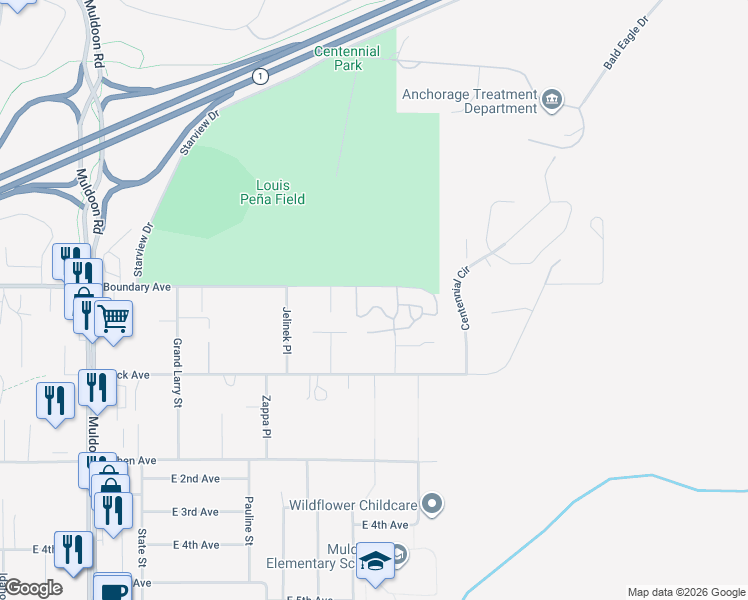map of restaurants, bars, coffee shops, grocery stores, and more near 8504 Boundary Avenue in Anchorage