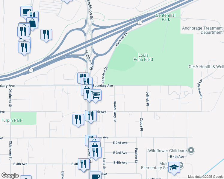 map of restaurants, bars, coffee shops, grocery stores, and more near 100 Grand Larry Street in Anchorage
