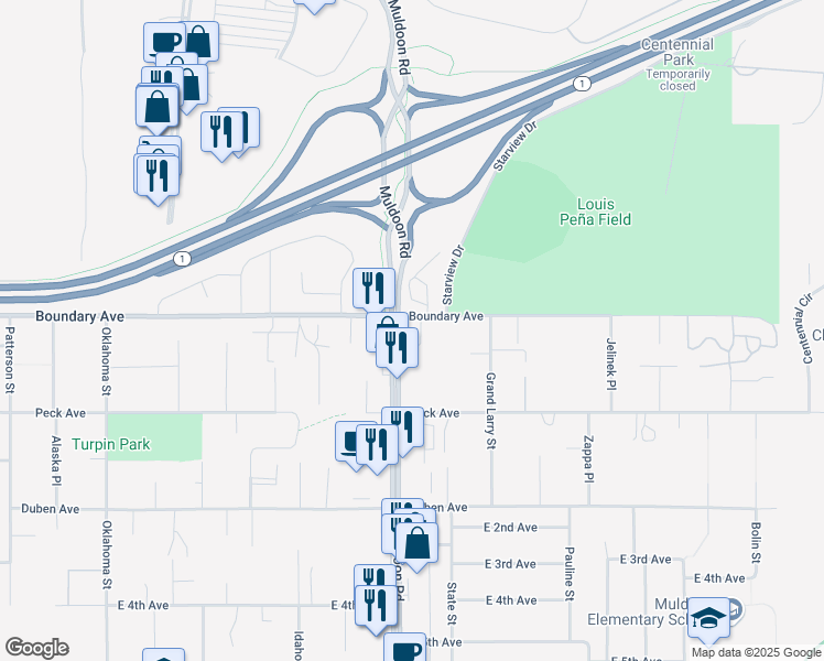 map of restaurants, bars, coffee shops, grocery stores, and more near 111 Muldoon Road in Anchorage