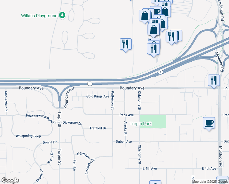 map of restaurants, bars, coffee shops, grocery stores, and more near 101 Patterson Street in Anchorage