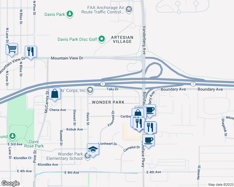 map of restaurants, bars, coffee shops, grocery stores, and more near 5300 Taku Drive in Anchorage