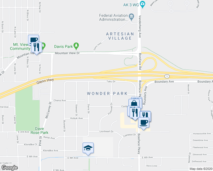 map of restaurants, bars, coffee shops, grocery stores, and more near 5200 Taku Drive in Anchorage