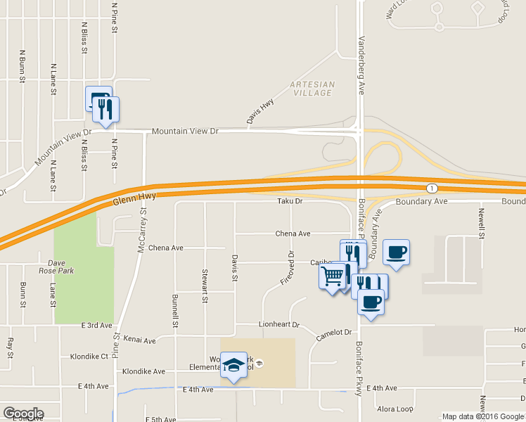 map of restaurants, bars, coffee shops, grocery stores, and more near 5200 Taku Drive in Anchorage