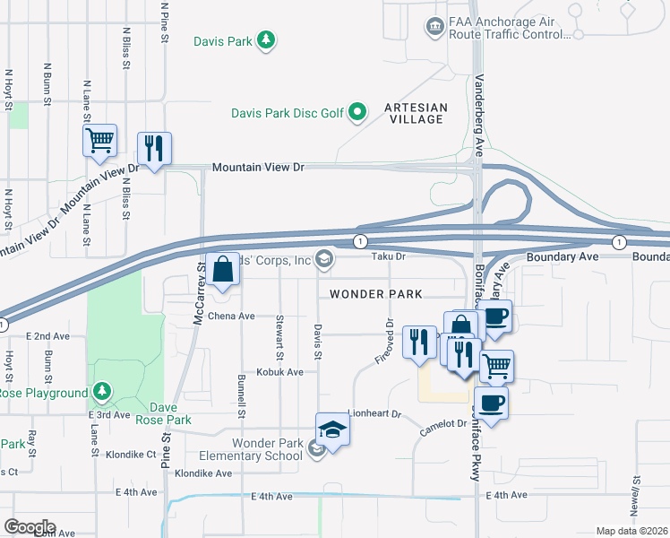 map of restaurants, bars, coffee shops, grocery stores, and more near 101 Davis Street in Anchorage