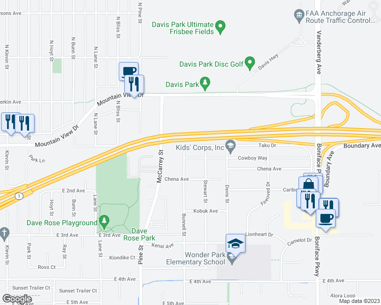 map of restaurants, bars, coffee shops, grocery stores, and more near 4950 Taku Drive in Anchorage