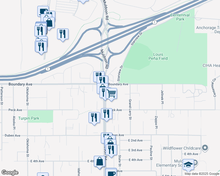 map of restaurants, bars, coffee shops, grocery stores, and more near 111 Muldoon Road in Anchorage