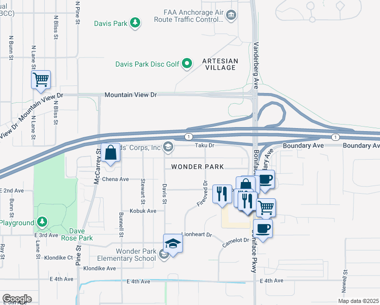 map of restaurants, bars, coffee shops, grocery stores, and more near 5200 Taku Drive in Anchorage