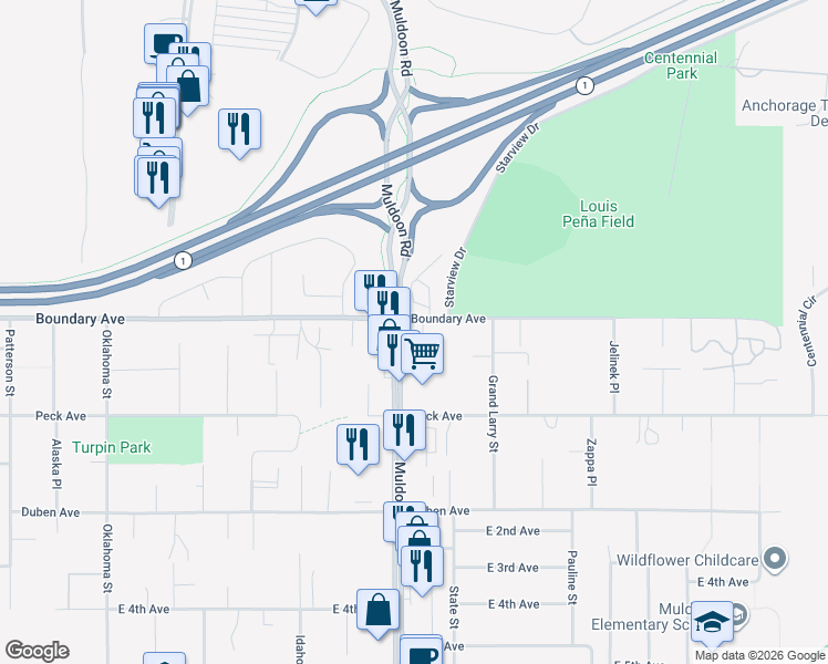 map of restaurants, bars, coffee shops, grocery stores, and more near 111 Muldoon Road in Anchorage