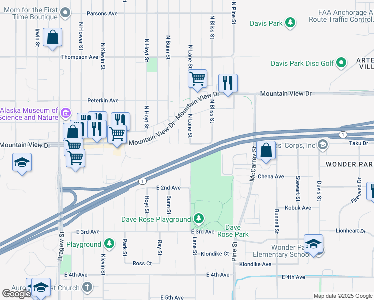 map of restaurants, bars, coffee shops, grocery stores, and more near 4432 Ames Ave in Anchorage