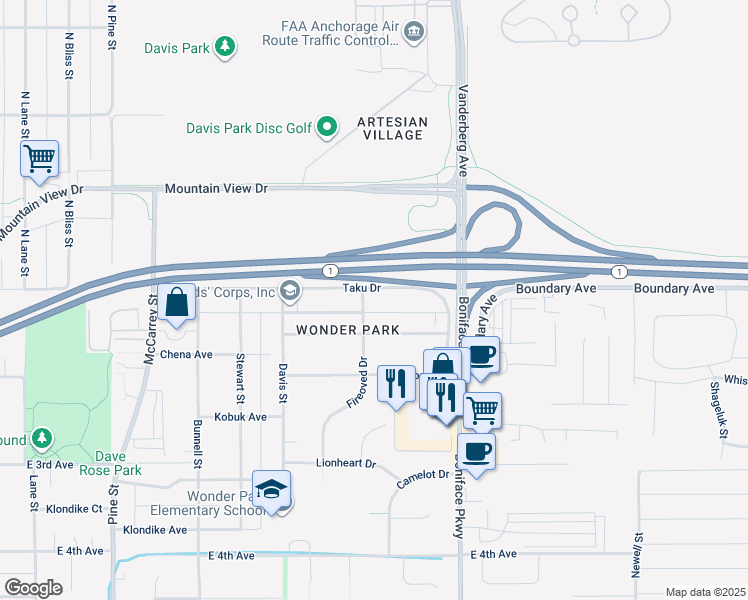 map of restaurants, bars, coffee shops, grocery stores, and more near 5300 Taku Drive in Anchorage