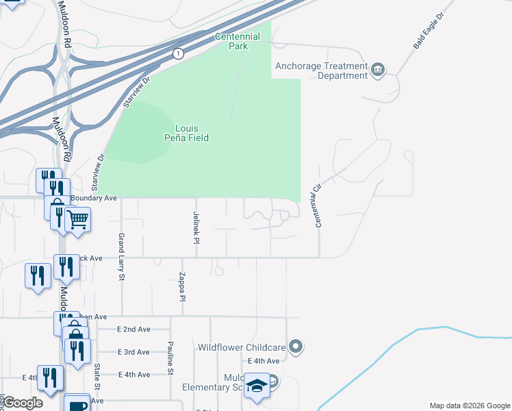 map of restaurants, bars, coffee shops, grocery stores, and more near 8504 Boundary Avenue in Anchorage