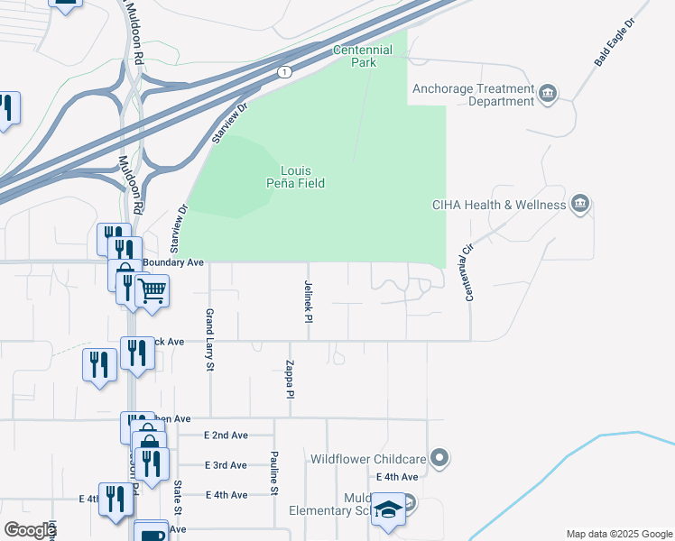 map of restaurants, bars, coffee shops, grocery stores, and more near 100 Agate Circle in Anchorage