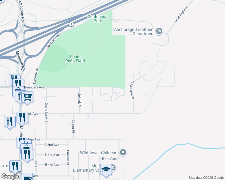 map of restaurants, bars, coffee shops, grocery stores, and more near 8504 Boundary Avenue in Anchorage