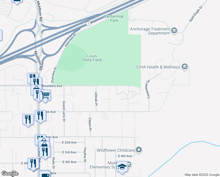 map of restaurants, bars, coffee shops, grocery stores, and more near 101 Agate Circle in Anchorage