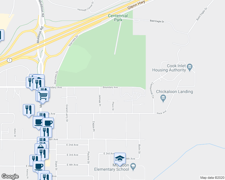 map of restaurants, bars, coffee shops, grocery stores, and more near 100 Agate Circle in Anchorage