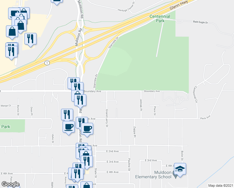 map of restaurants, bars, coffee shops, grocery stores, and more near 8114 Boundary Avenue in Anchorage