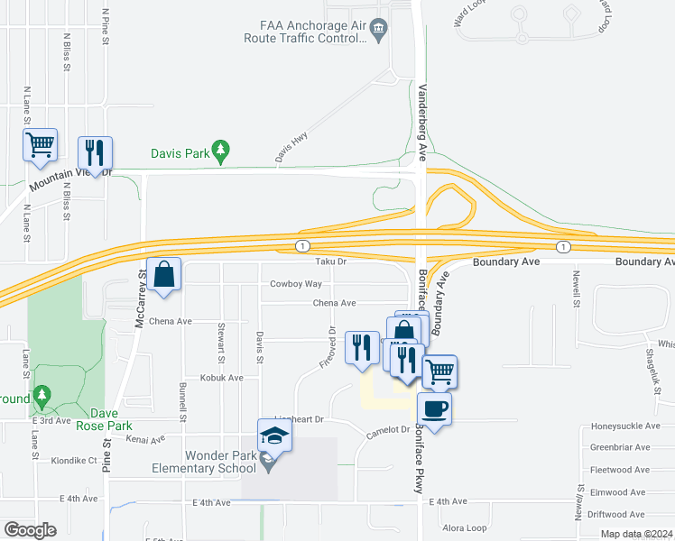map of restaurants, bars, coffee shops, grocery stores, and more near 5300 Taku Drive in Anchorage