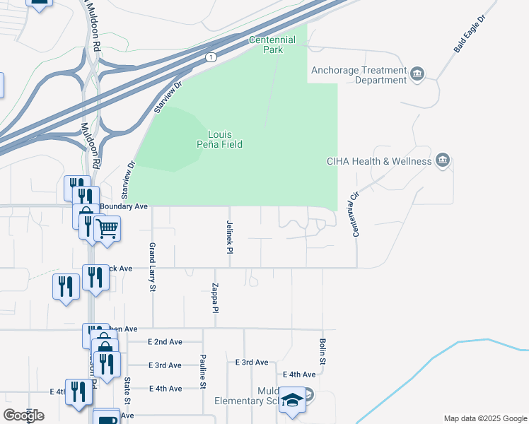 map of restaurants, bars, coffee shops, grocery stores, and more near 101 Agate Circle in Anchorage