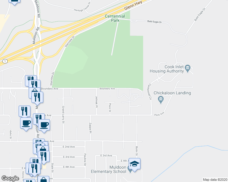 map of restaurants, bars, coffee shops, grocery stores, and more near 101 Agate Cir in Anchorage