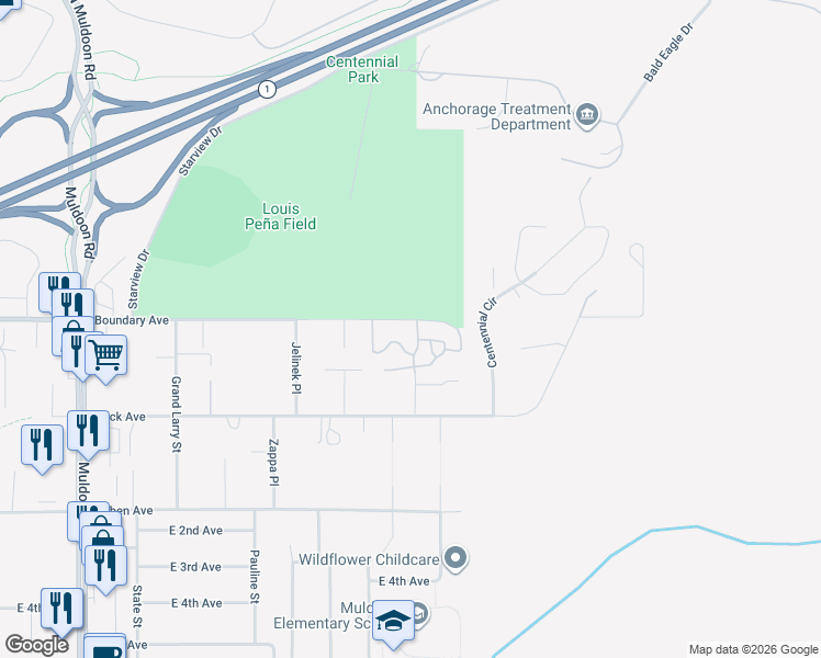 map of restaurants, bars, coffee shops, grocery stores, and more near 8608 Boundary Avenue in Anchorage