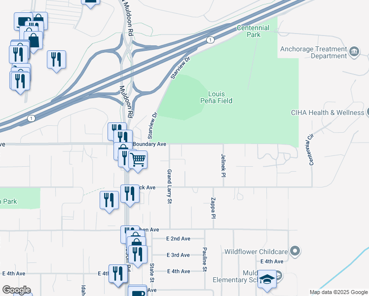 map of restaurants, bars, coffee shops, grocery stores, and more near 8114 Boundary Avenue in Anchorage