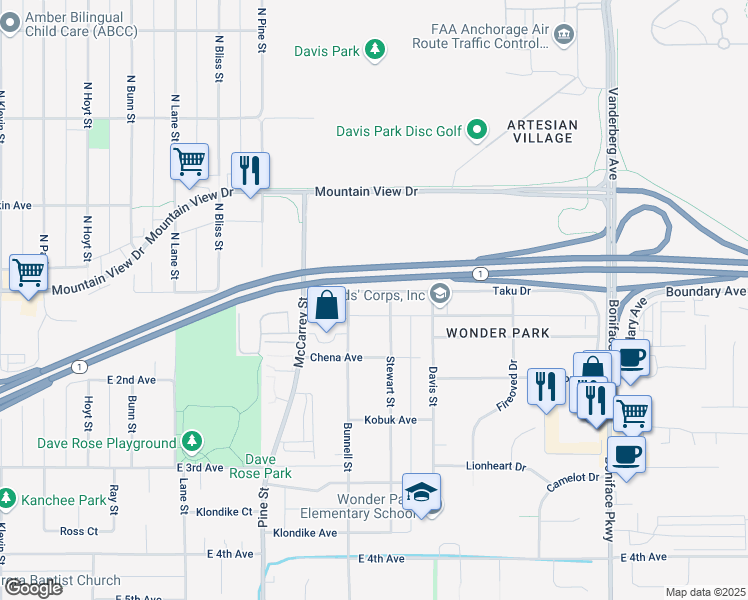 map of restaurants, bars, coffee shops, grocery stores, and more near 4950 Taku Drive in Anchorage