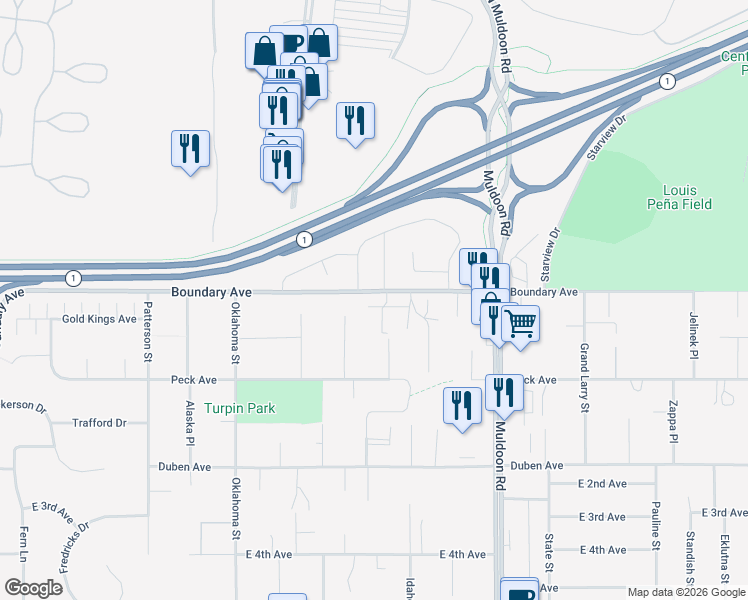 map of restaurants, bars, coffee shops, grocery stores, and more near 7664 Boundary Avenue in Anchorage