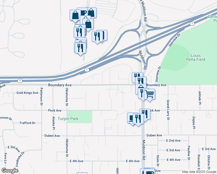 map of restaurants, bars, coffee shops, grocery stores, and more near 7654 Boundary Avenue in Anchorage