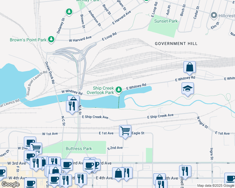 map of restaurants, bars, coffee shops, grocery stores, and more near 302 East Whitney Road in Anchorage