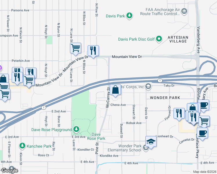 map of restaurants, bars, coffee shops, grocery stores, and more near 165 McCarrey Street in Anchorage