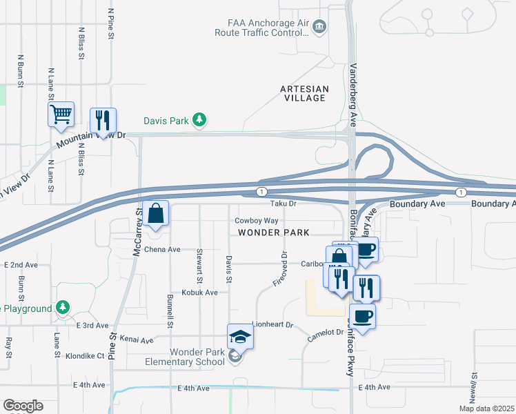 map of restaurants, bars, coffee shops, grocery stores, and more near 5200 Taku Drive in Anchorage