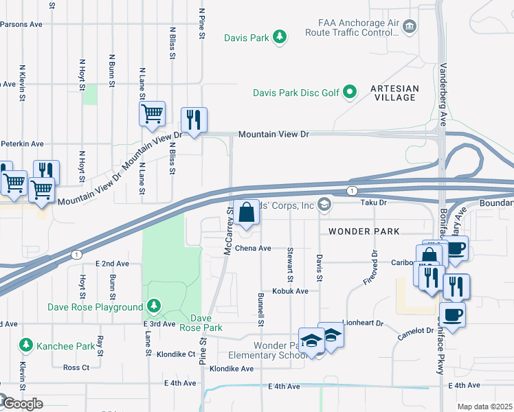 map of restaurants, bars, coffee shops, grocery stores, and more near 101 Bunnell Street in Anchorage