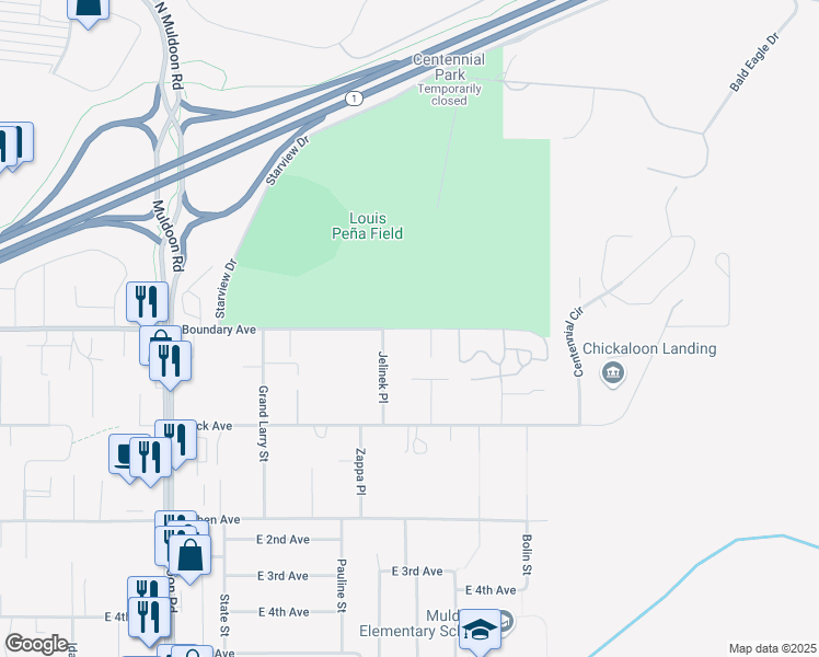 map of restaurants, bars, coffee shops, grocery stores, and more near 100 Agate Circle in Anchorage