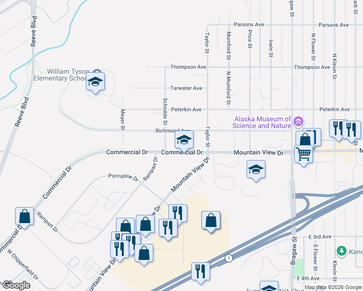 map of restaurants, bars, coffee shops, grocery stores, and more near 3350 Commercial Drive in Anchorage