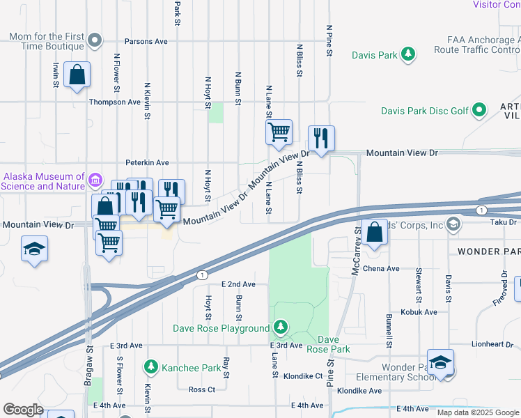 map of restaurants, bars, coffee shops, grocery stores, and more near 4432 Ames Avenue in Anchorage