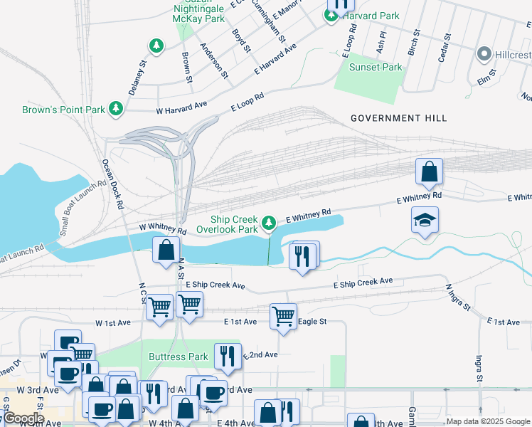 map of restaurants, bars, coffee shops, grocery stores, and more near 302 East Whitney Road in Anchorage
