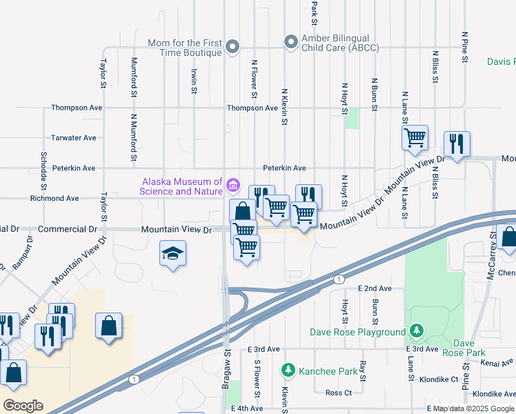 map of restaurants, bars, coffee shops, grocery stores, and more near 229 North Flower Street in Anchorage