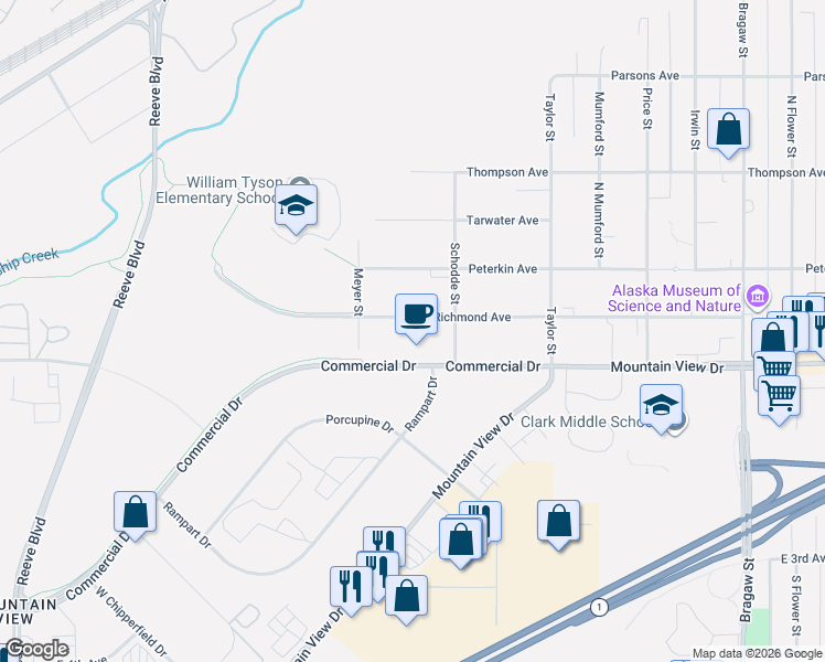 map of restaurants, bars, coffee shops, grocery stores, and more near 3141 Richmond Avenue in Anchorage