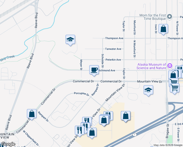 map of restaurants, bars, coffee shops, grocery stores, and more near 3141 Richmond Avenue in Anchorage